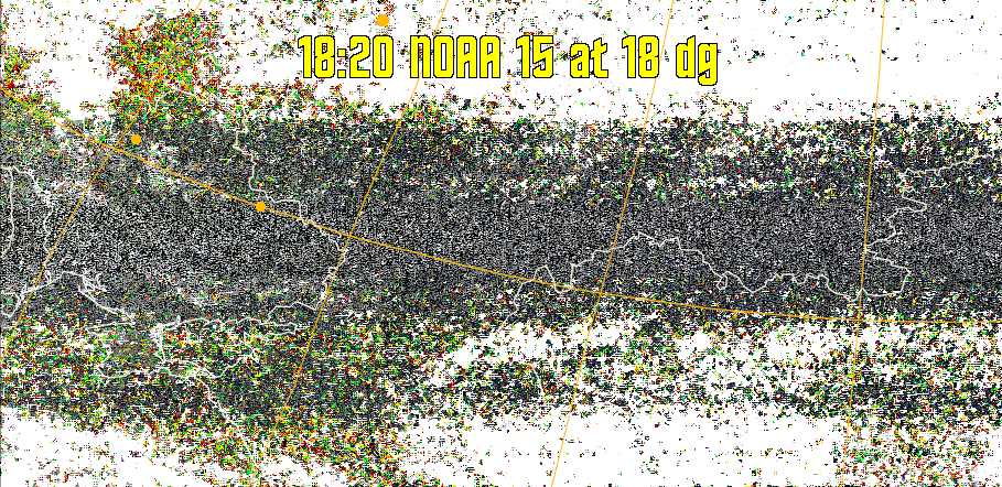 MSA-precip:
Same as MSA multispectral analysis, but high cold cloud tops are coloured the
same as the NO enhancement to give an approximate indication of the probability
and intensity of precipitation.