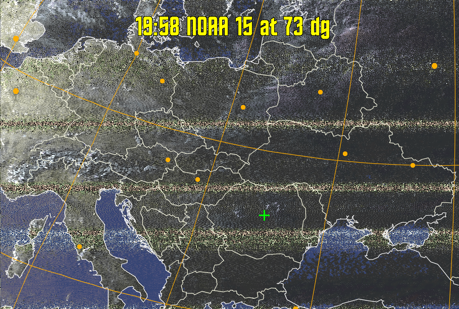 HVCT:
Similar to HVC, but with blue water and with colours more indicative of
land temperatures.
HVC:
Creates a false colour image from NOAA APT images based on temperature using
the HVC colour model. Uses the temperature derived from the sensor 4 image to
select the hue and the brightness from the histogram equalised other image to
select the value and chroma. The HVC colour model attempts to ensure that different colours at the same value will appear to the eye to be the same brightness
and the spacing between colours representing each degree will appear to the eye to
be similar. Bright areas are completely unsaturated in this model.