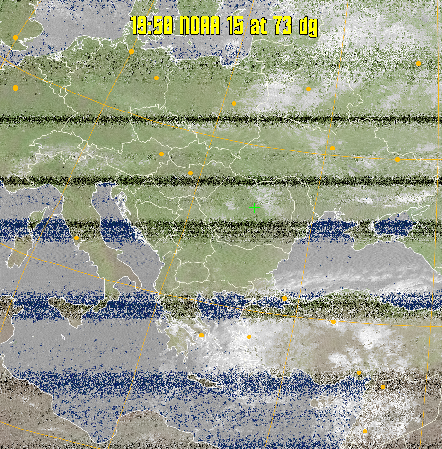 MCIR-precip: 
Colours the NOAA sensor 4 IR image using a map to colour the sea blue and land
green. High clouds appear white, lower clouds gray or land/sea coloured, clouds
generally appear lighter, but distinguishing between land/sea and low cloud may
be difficult. Darker colours indicate warmer regions.