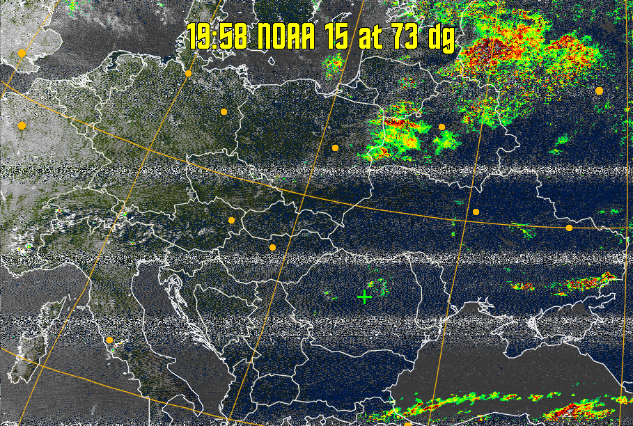 MSA-precip:
Same as MSA multispectral analysis, but high cold cloud tops are coloured the
same as the NO enhancement to give an approximate indication of the probability
and intensity of precipitation.