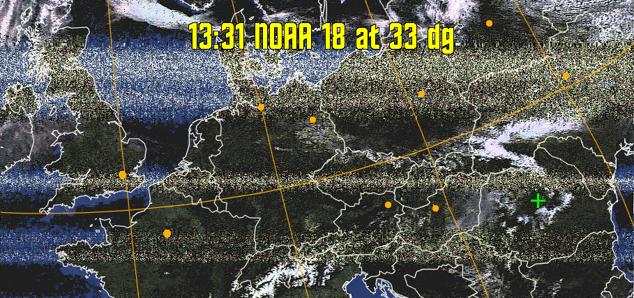 HVCT:
Similar to HVC, but with blue water and with colours more indicative of
land temperatures.
HVC:
Creates a false colour image from NOAA APT images based on temperature using
the HVC colour model. Uses the temperature derived from the sensor 4 image to
select the hue and the brightness from the histogram equalised other image to
select the value and chroma. The HVC colour model attempts to ensure that different colours at the same value will appear to the eye to be the same brightness
and the spacing between colours representing each degree will appear to the eye to
be similar. Bright areas are completely unsaturated in this model.