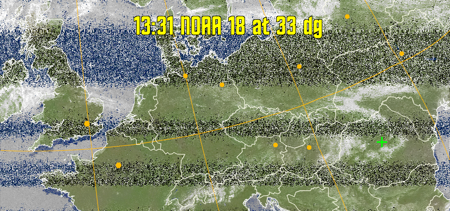 MCIR-precip: 
Colours the NOAA sensor 4 IR image using a map to colour the sea blue and land
green. High clouds appear white, lower clouds gray or land/sea coloured, clouds
generally appear lighter, but distinguishing between land/sea and low cloud may
be difficult. Darker colours indicate warmer regions.