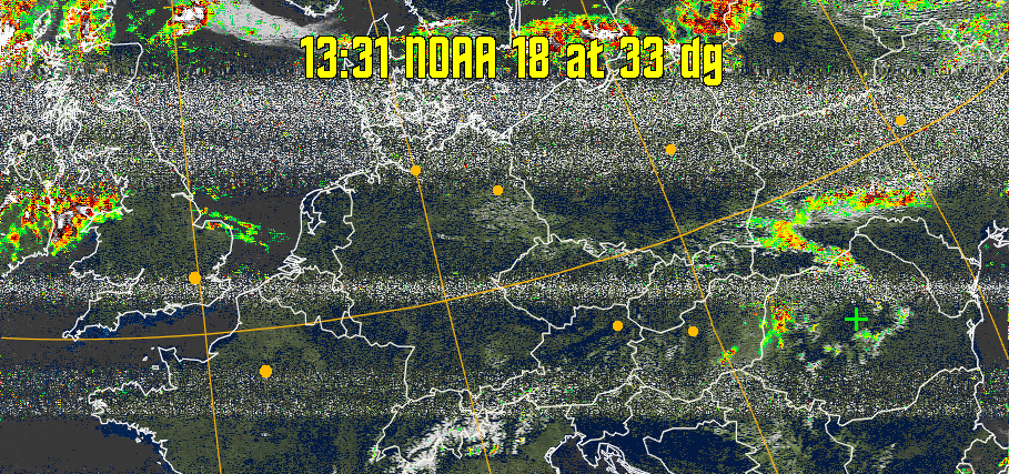 MSA-precip:
Same as MSA multispectral analysis, but high cold cloud tops are coloured the
same as the NO enhancement to give an approximate indication of the probability
and intensity of precipitation.