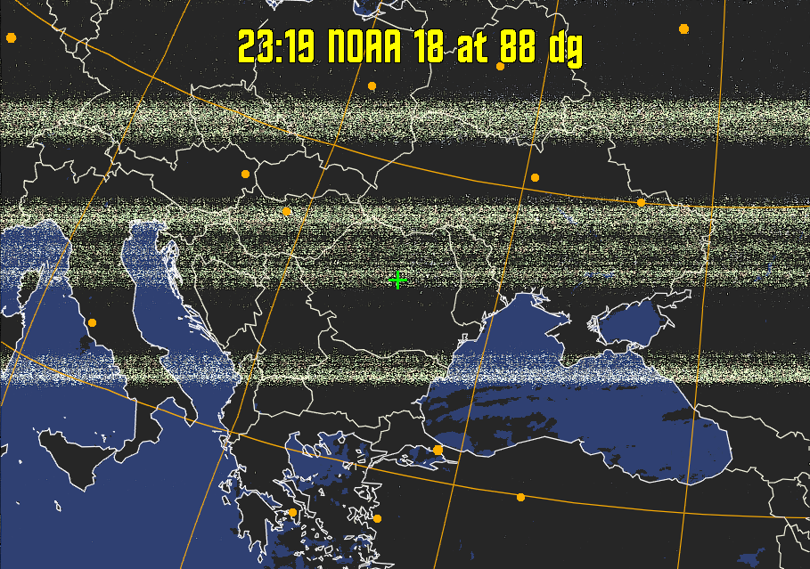 HVCT:
Similar to HVC, but with blue water and with colours more indicative of
land temperatures.
HVC:
Creates a false colour image from NOAA APT images based on temperature using
the HVC colour model. Uses the temperature derived from the sensor 4 image to
select the hue and the brightness from the histogram equalised other image to
select the value and chroma. The HVC colour model attempts to ensure that different colours at the same value will appear to the eye to be the same brightness
and the spacing between colours representing each degree will appear to the eye to
be similar. Bright areas are completely unsaturated in this model.