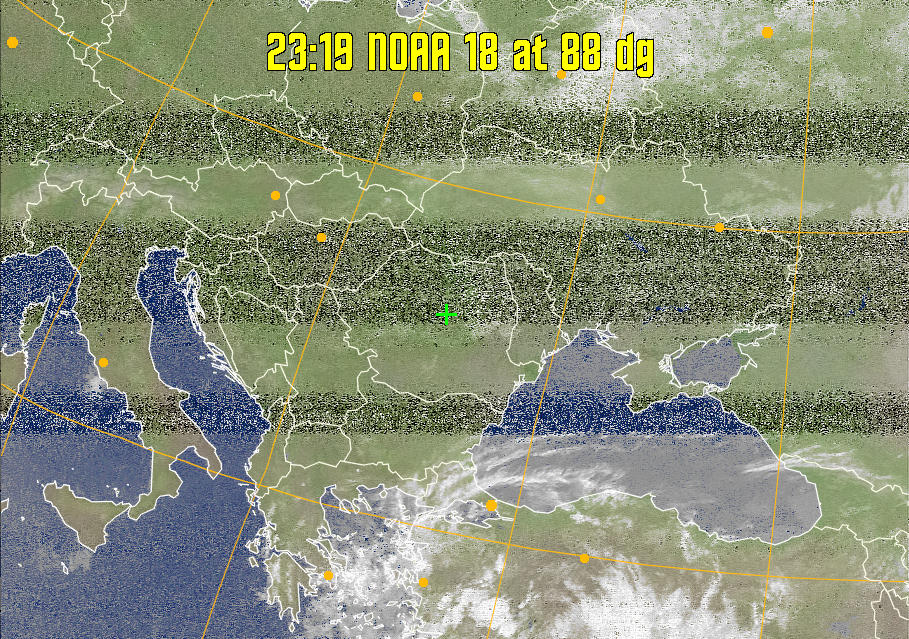 MCIR-precip: 
Colours the NOAA sensor 4 IR image using a map to colour the sea blue and land
green. High clouds appear white, lower clouds gray or land/sea coloured, clouds
generally appear lighter, but distinguishing between land/sea and low cloud may
be difficult. Darker colours indicate warmer regions.