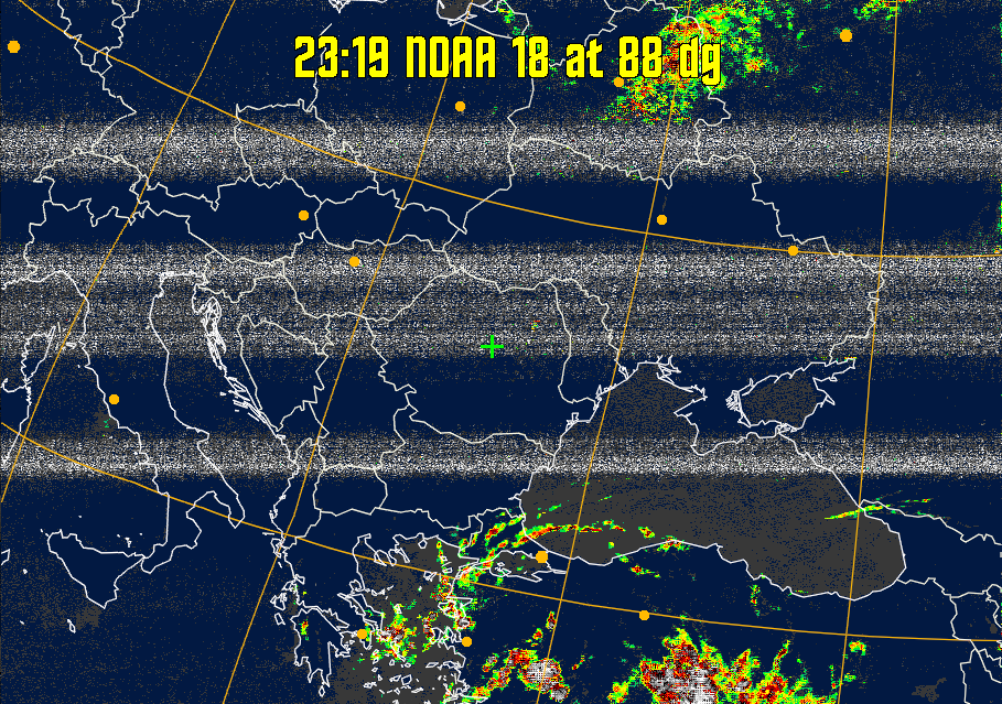 MSA-precip:
Same as MSA multispectral analysis, but high cold cloud tops are coloured the
same as the NO enhancement to give an approximate indication of the probability
and intensity of precipitation.