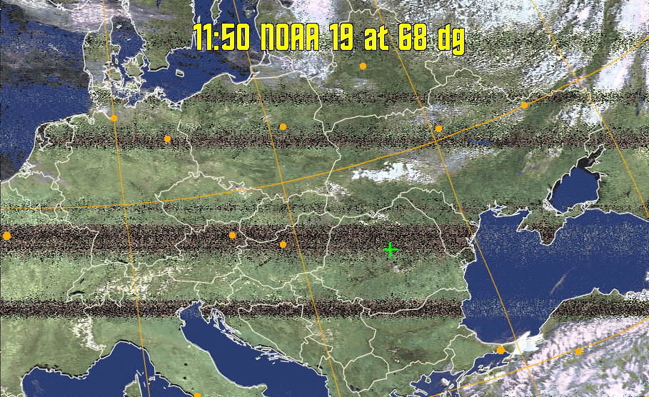 HVCT:
Similar to HVC, but with blue water and with colours more indicative of
land temperatures.
HVC:
Creates a false colour image from NOAA APT images based on temperature using
the HVC colour model. Uses the temperature derived from the sensor 4 image to
select the hue and the brightness from the histogram equalised other image to
select the value and chroma. The HVC colour model attempts to ensure that different colours at the same value will appear to the eye to be the same brightness
and the spacing between colours representing each degree will appear to the eye to
be similar. Bright areas are completely unsaturated in this model.