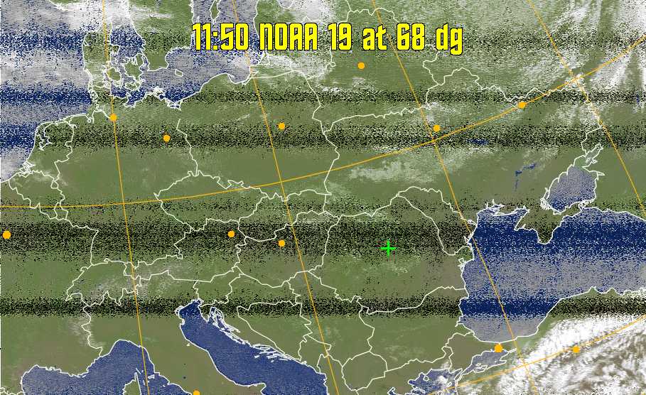 MCIR-precip: 
Colours the NOAA sensor 4 IR image using a map to colour the sea blue and land
green. High clouds appear white, lower clouds gray or land/sea coloured, clouds
generally appear lighter, but distinguishing between land/sea and low cloud may
be difficult. Darker colours indicate warmer regions.