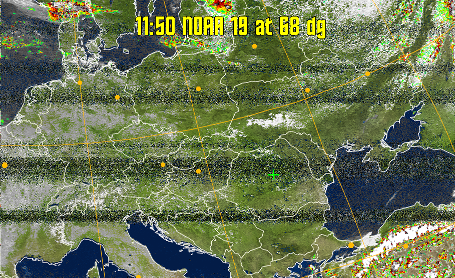 MSA-precip:
Same as MSA multispectral analysis, but high cold cloud tops are coloured the
same as the NO enhancement to give an approximate indication of the probability
and intensity of precipitation.