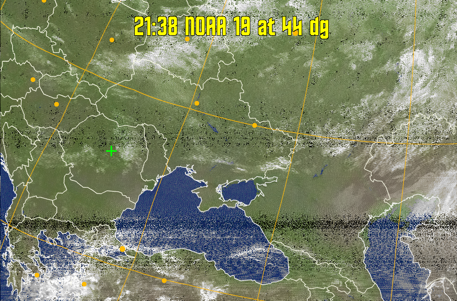 MCIR-precip: 
Colours the NOAA sensor 4 IR image using a map to colour the sea blue and land
green. High clouds appear white, lower clouds gray or land/sea coloured, clouds
generally appear lighter, but distinguishing between land/sea and low cloud may
be difficult. Darker colours indicate warmer regions.
