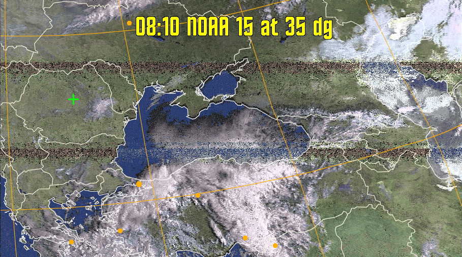 HVCT:
Similar to HVC, but with blue water and with colours more indicative of
land temperatures.
HVC:
Creates a false colour image from NOAA APT images based on temperature using
the HVC colour model. Uses the temperature derived from the sensor 4 image to
select the hue and the brightness from the histogram equalised other image to
select the value and chroma. The HVC colour model attempts to ensure that different colours at the same value will appear to the eye to be the same brightness
and the spacing between colours representing each degree will appear to the eye to
be similar. Bright areas are completely unsaturated in this model.