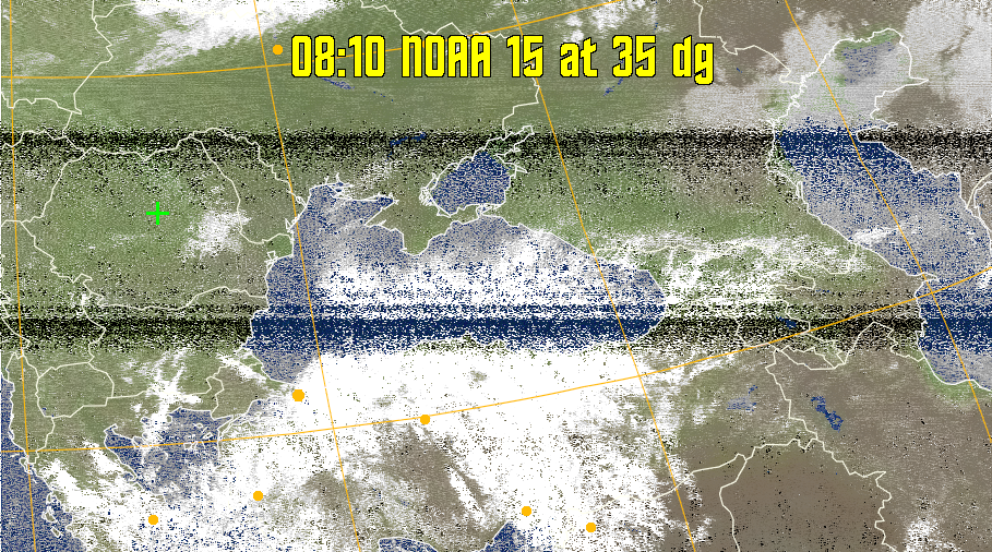 MCIR-precip: 
Colours the NOAA sensor 4 IR image using a map to colour the sea blue and land
green. High clouds appear white, lower clouds gray or land/sea coloured, clouds
generally appear lighter, but distinguishing between land/sea and low cloud may
be difficult. Darker colours indicate warmer regions.