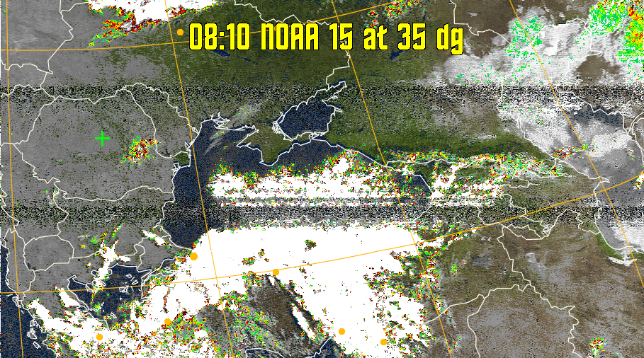 MSA-precip:
Same as MSA multispectral analysis, but high cold cloud tops are coloured the
same as the NO enhancement to give an approximate indication of the probability
and intensity of precipitation.