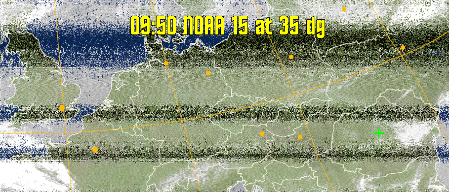MCIR-precip: 
Colours the NOAA sensor 4 IR image using a map to colour the sea blue and land
green. High clouds appear white, lower clouds gray or land/sea coloured, clouds
generally appear lighter, but distinguishing between land/sea and low cloud may
be difficult. Darker colours indicate warmer regions.