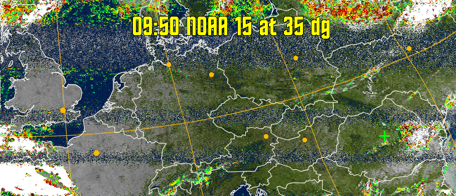 MSA-precip:
Same as MSA multispectral analysis, but high cold cloud tops are coloured the
same as the NO enhancement to give an approximate indication of the probability
and intensity of precipitation.