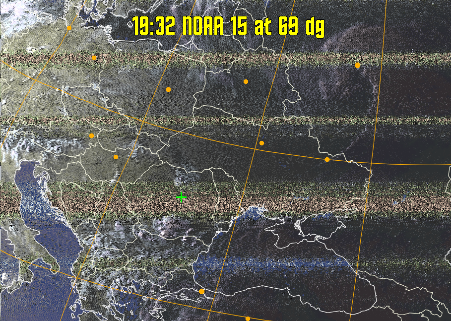 HVCT:
Similar to HVC, but with blue water and with colours more indicative of
land temperatures.
HVC:
Creates a false colour image from NOAA APT images based on temperature using
the HVC colour model. Uses the temperature derived from the sensor 4 image to
select the hue and the brightness from the histogram equalised other image to
select the value and chroma. The HVC colour model attempts to ensure that different colours at the same value will appear to the eye to be the same brightness
and the spacing between colours representing each degree will appear to the eye to
be similar. Bright areas are completely unsaturated in this model.