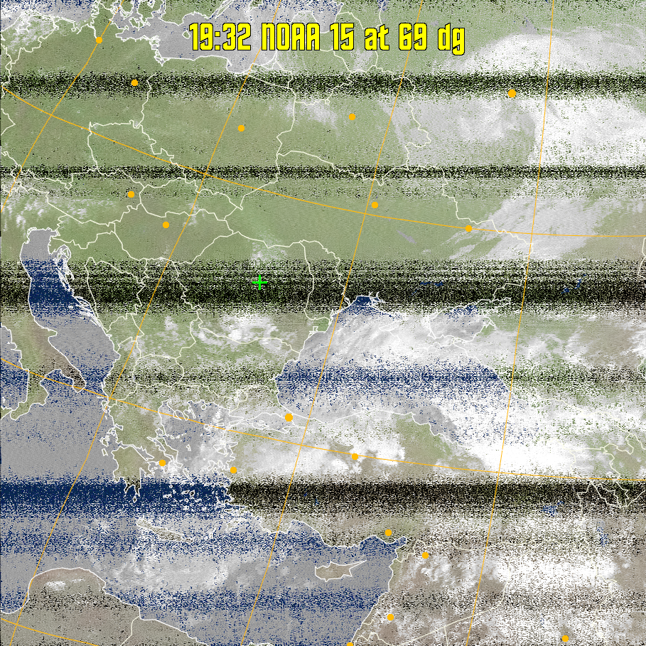 MCIR-precip: 
Colours the NOAA sensor 4 IR image using a map to colour the sea blue and land
green. High clouds appear white, lower clouds gray or land/sea coloured, clouds
generally appear lighter, but distinguishing between land/sea and low cloud may
be difficult. Darker colours indicate warmer regions.