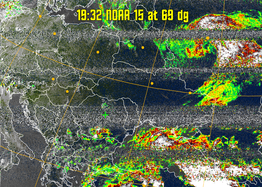 MSA-precip:
Same as MSA multispectral analysis, but high cold cloud tops are coloured the
same as the NO enhancement to give an approximate indication of the probability
and intensity of precipitation.
