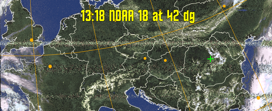 HVCT:
Similar to HVC, but with blue water and with colours more indicative of
land temperatures.
HVC:
Creates a false colour image from NOAA APT images based on temperature using
the HVC colour model. Uses the temperature derived from the sensor 4 image to
select the hue and the brightness from the histogram equalised other image to
select the value and chroma. The HVC colour model attempts to ensure that different colours at the same value will appear to the eye to be the same brightness
and the spacing between colours representing each degree will appear to the eye to
be similar. Bright areas are completely unsaturated in this model.