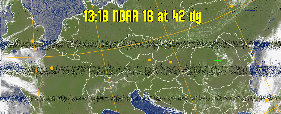 MCIR-precip: 
Colours the NOAA sensor 4 IR image using a map to colour the sea blue and land
green. High clouds appear white, lower clouds gray or land/sea coloured, clouds
generally appear lighter, but distinguishing between land/sea and low cloud may
be difficult. Darker colours indicate warmer regions.