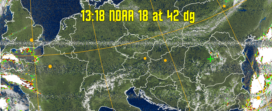 MSA-precip:
Same as MSA multispectral analysis, but high cold cloud tops are coloured the
same as the NO enhancement to give an approximate indication of the probability
and intensity of precipitation.