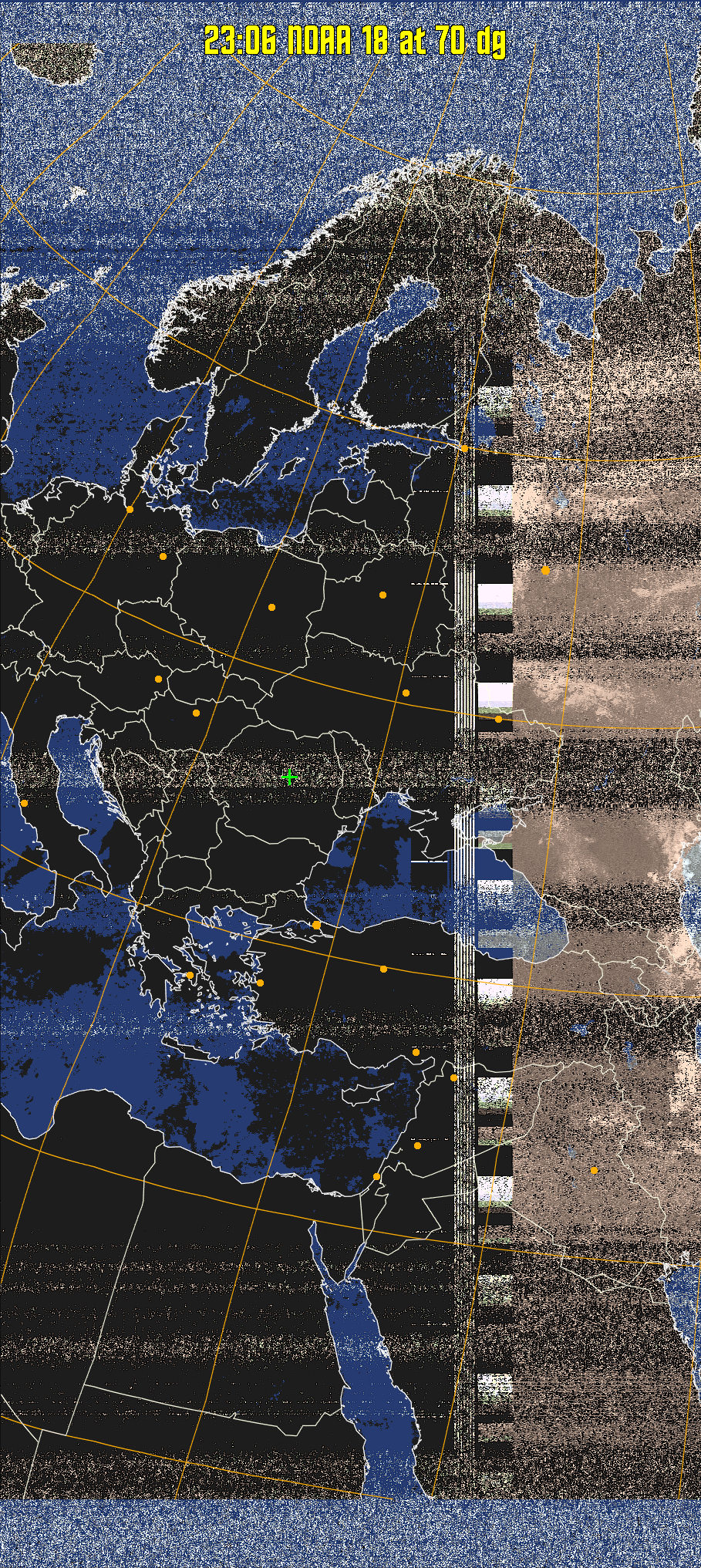 HVCT:
Similar to HVC, but with blue water and with colours more indicative of
land temperatures.
HVC:
Creates a false colour image from NOAA APT images based on temperature using
the HVC colour model. Uses the temperature derived from the sensor 4 image to
select the hue and the brightness from the histogram equalised other image to
select the value and chroma. The HVC colour model attempts to ensure that different colours at the same value will appear to the eye to be the same brightness
and the spacing between colours representing each degree will appear to the eye to
be similar. Bright areas are completely unsaturated in this model.