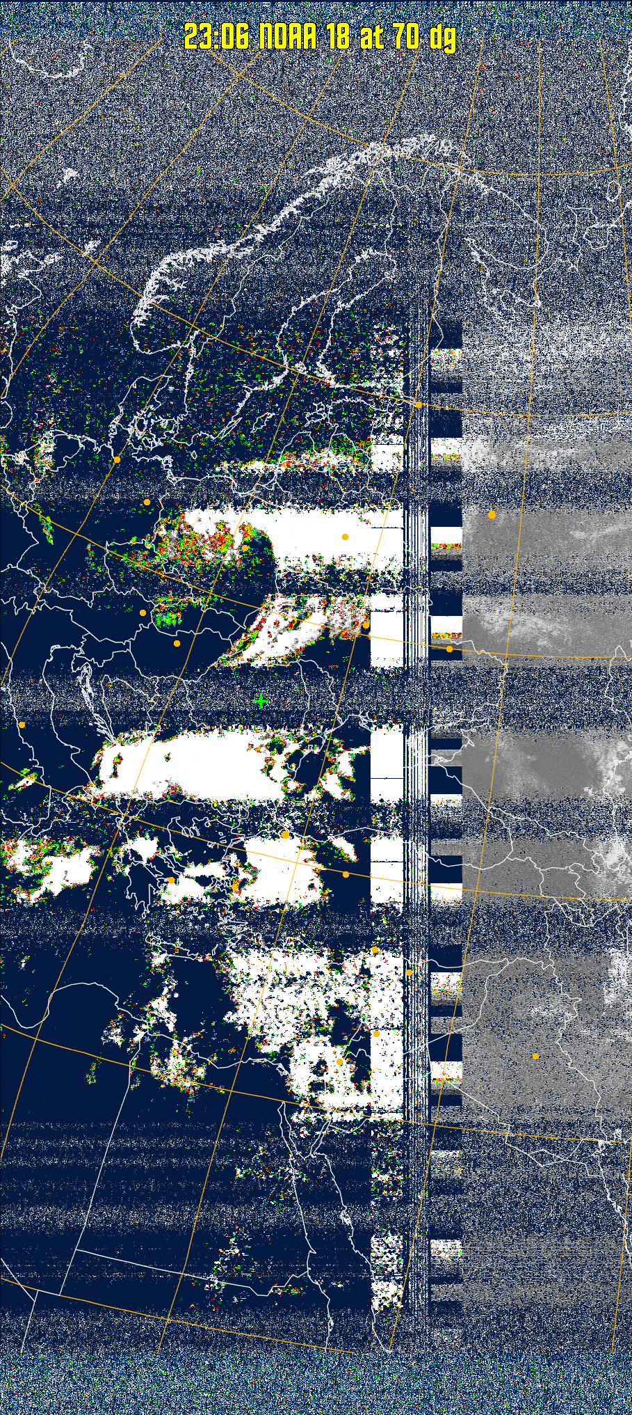 MSA-precip:
Same as MSA multispectral analysis, but high cold cloud tops are coloured the
same as the NO enhancement to give an approximate indication of the probability
and intensity of precipitation.