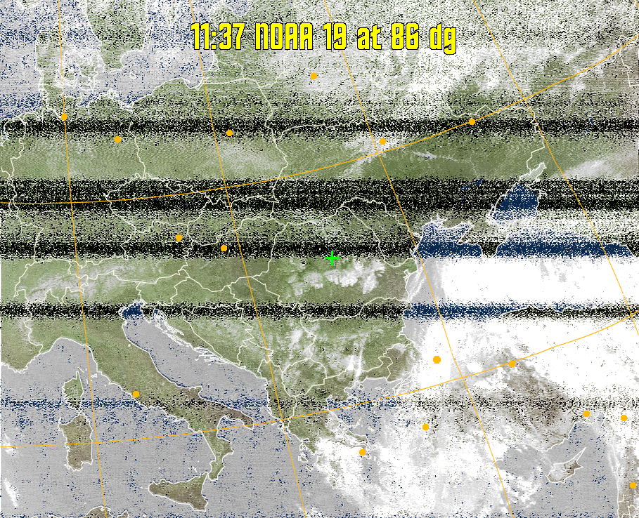 MCIR-precip: 
Colours the NOAA sensor 4 IR image using a map to colour the sea blue and land
green. High clouds appear white, lower clouds gray or land/sea coloured, clouds
generally appear lighter, but distinguishing between land/sea and low cloud may
be difficult. Darker colours indicate warmer regions.