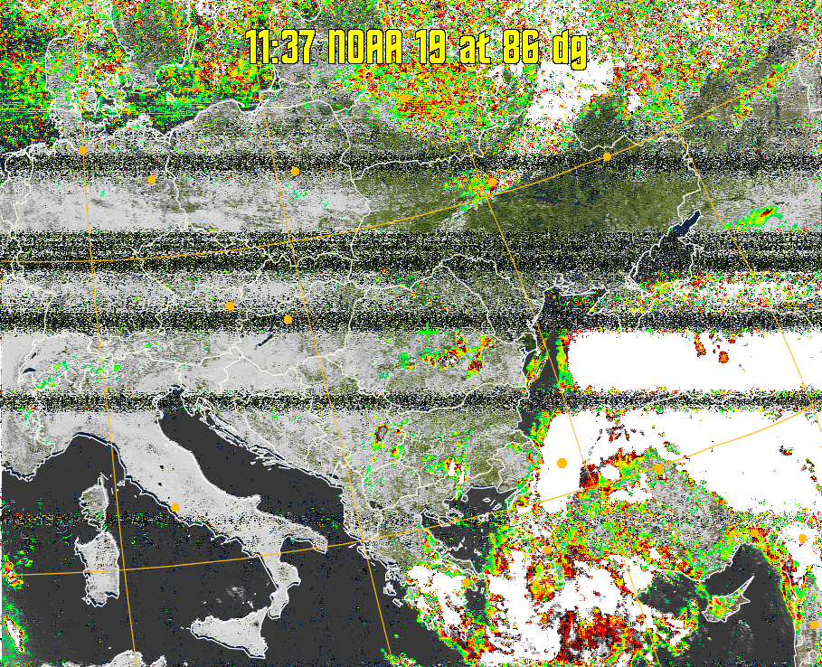 MSA-precip:
Same as MSA multispectral analysis, but high cold cloud tops are coloured the
same as the NO enhancement to give an approximate indication of the probability
and intensity of precipitation.