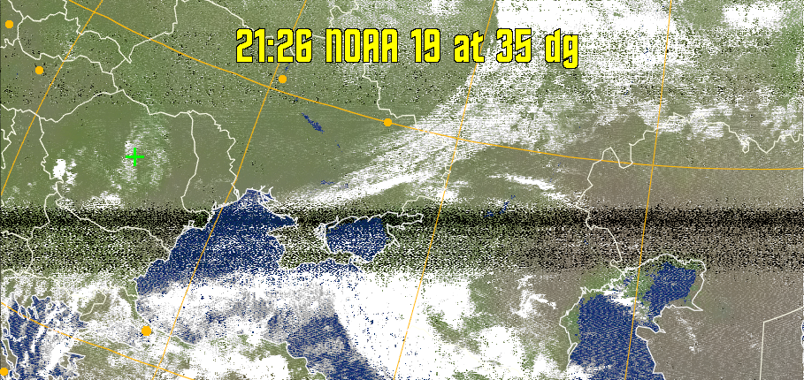 MCIR-precip: 
Colours the NOAA sensor 4 IR image using a map to colour the sea blue and land
green. High clouds appear white, lower clouds gray or land/sea coloured, clouds
generally appear lighter, but distinguishing between land/sea and low cloud may
be difficult. Darker colours indicate warmer regions.