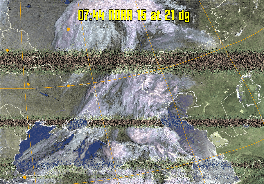 HVCT:
Similar to HVC, but with blue water and with colours more indicative of
land temperatures.
HVC:
Creates a false colour image from NOAA APT images based on temperature using
the HVC colour model. Uses the temperature derived from the sensor 4 image to
select the hue and the brightness from the histogram equalised other image to
select the value and chroma. The HVC colour model attempts to ensure that different colours at the same value will appear to the eye to be the same brightness
and the spacing between colours representing each degree will appear to the eye to
be similar. Bright areas are completely unsaturated in this model.