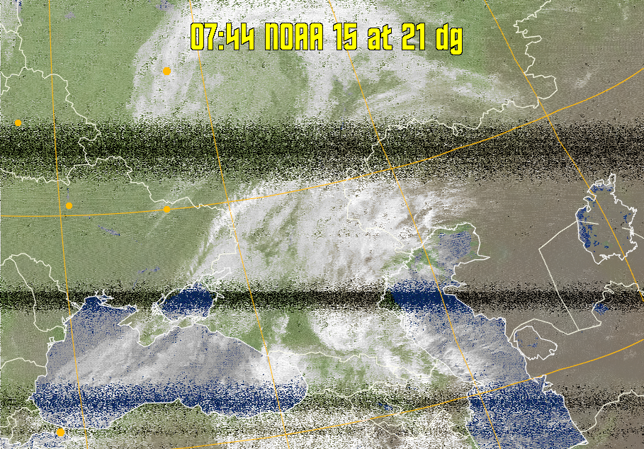 MCIR-precip: 
Colours the NOAA sensor 4 IR image using a map to colour the sea blue and land
green. High clouds appear white, lower clouds gray or land/sea coloured, clouds
generally appear lighter, but distinguishing between land/sea and low cloud may
be difficult. Darker colours indicate warmer regions.
