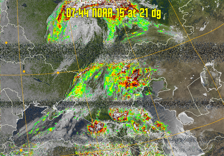 MSA-precip:
Same as MSA multispectral analysis, but high cold cloud tops are coloured the
same as the NO enhancement to give an approximate indication of the probability
and intensity of precipitation.