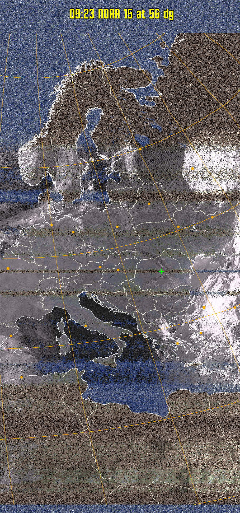 HVCT:
Similar to HVC, but with blue water and with colours more indicative of
land temperatures.
HVC:
Creates a false colour image from NOAA APT images based on temperature using
the HVC colour model. Uses the temperature derived from the sensor 4 image to
select the hue and the brightness from the histogram equalised other image to
select the value and chroma. The HVC colour model attempts to ensure that different colours at the same value will appear to the eye to be the same brightness
and the spacing between colours representing each degree will appear to the eye to
be similar. Bright areas are completely unsaturated in this model.