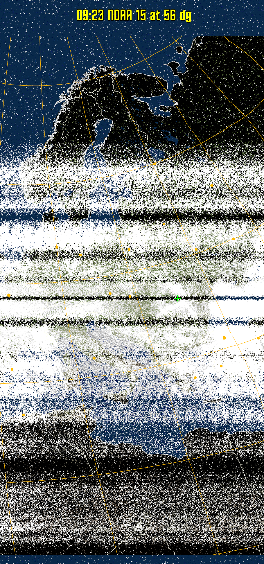 MCIR-precip: 
Colours the NOAA sensor 4 IR image using a map to colour the sea blue and land
green. High clouds appear white, lower clouds gray or land/sea coloured, clouds
generally appear lighter, but distinguishing between land/sea and low cloud may
be difficult. Darker colours indicate warmer regions.