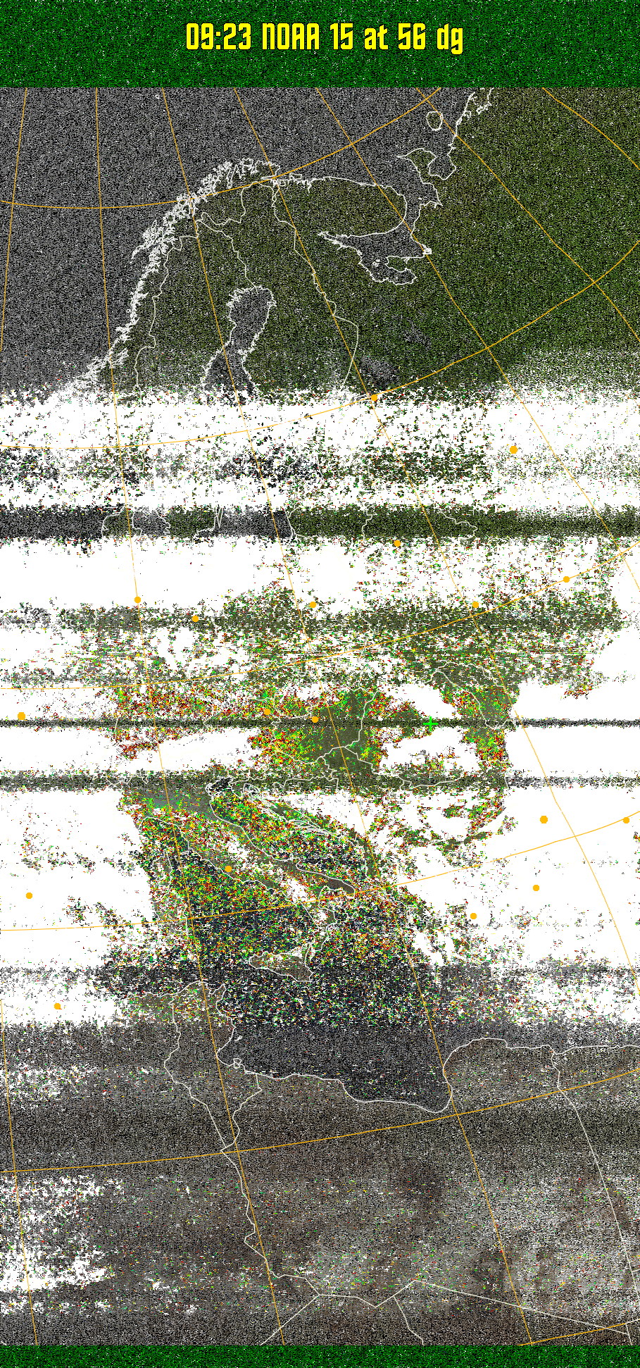 MSA-precip:
Same as MSA multispectral analysis, but high cold cloud tops are coloured the
same as the NO enhancement to give an approximate indication of the probability
and intensity of precipitation.