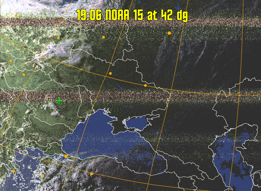 HVCT:
Similar to HVC, but with blue water and with colours more indicative of
land temperatures.
HVC:
Creates a false colour image from NOAA APT images based on temperature using
the HVC colour model. Uses the temperature derived from the sensor 4 image to
select the hue and the brightness from the histogram equalised other image to
select the value and chroma. The HVC colour model attempts to ensure that different colours at the same value will appear to the eye to be the same brightness
and the spacing between colours representing each degree will appear to the eye to
be similar. Bright areas are completely unsaturated in this model.