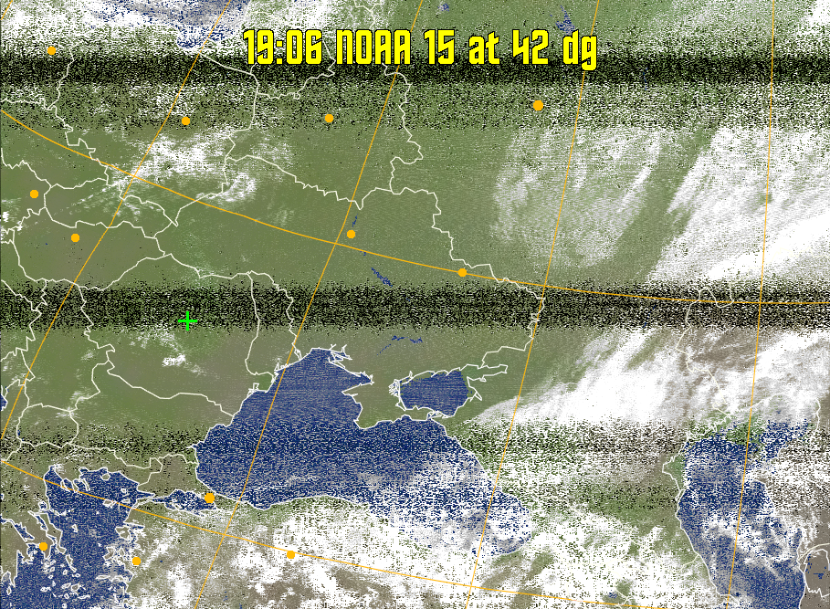 MCIR-precip: 
Colours the NOAA sensor 4 IR image using a map to colour the sea blue and land
green. High clouds appear white, lower clouds gray or land/sea coloured, clouds
generally appear lighter, but distinguishing between land/sea and low cloud may
be difficult. Darker colours indicate warmer regions.