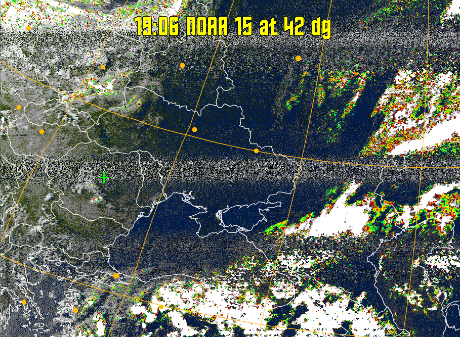 MSA-precip:
Same as MSA multispectral analysis, but high cold cloud tops are coloured the
same as the NO enhancement to give an approximate indication of the probability
and intensity of precipitation.