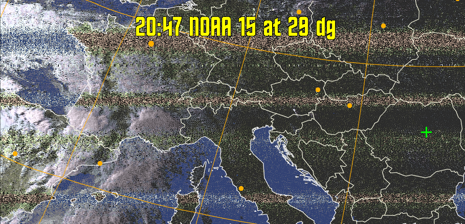HVCT:
Similar to HVC, but with blue water and with colours more indicative of
land temperatures.
HVC:
Creates a false colour image from NOAA APT images based on temperature using
the HVC colour model. Uses the temperature derived from the sensor 4 image to
select the hue and the brightness from the histogram equalised other image to
select the value and chroma. The HVC colour model attempts to ensure that different colours at the same value will appear to the eye to be the same brightness
and the spacing between colours representing each degree will appear to the eye to
be similar. Bright areas are completely unsaturated in this model.