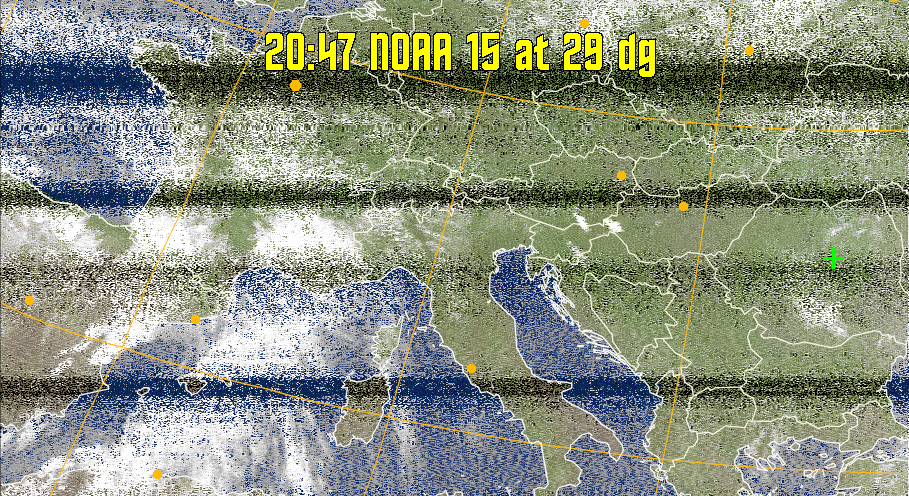 MCIR-precip: 
Colours the NOAA sensor 4 IR image using a map to colour the sea blue and land
green. High clouds appear white, lower clouds gray or land/sea coloured, clouds
generally appear lighter, but distinguishing between land/sea and low cloud may
be difficult. Darker colours indicate warmer regions.