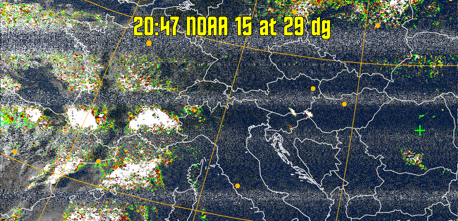 MSA-precip:
Same as MSA multispectral analysis, but high cold cloud tops are coloured the
same as the NO enhancement to give an approximate indication of the probability
and intensity of precipitation.