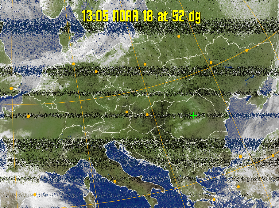 MCIR-precip: 
Colours the NOAA sensor 4 IR image using a map to colour the sea blue and land
green. High clouds appear white, lower clouds gray or land/sea coloured, clouds
generally appear lighter, but distinguishing between land/sea and low cloud may
be difficult. Darker colours indicate warmer regions.