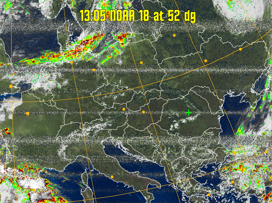 MSA-precip:
Same as MSA multispectral analysis, but high cold cloud tops are coloured the
same as the NO enhancement to give an approximate indication of the probability
and intensity of precipitation.