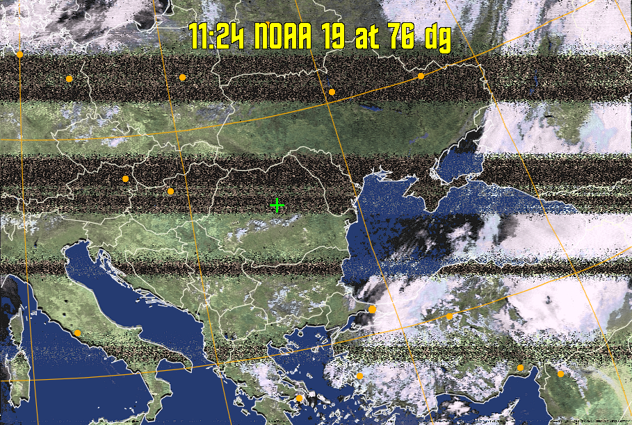 HVCT:
Similar to HVC, but with blue water and with colours more indicative of
land temperatures.
HVC:
Creates a false colour image from NOAA APT images based on temperature using
the HVC colour model. Uses the temperature derived from the sensor 4 image to
select the hue and the brightness from the histogram equalised other image to
select the value and chroma. The HVC colour model attempts to ensure that different colours at the same value will appear to the eye to be the same brightness
and the spacing between colours representing each degree will appear to the eye to
be similar. Bright areas are completely unsaturated in this model.