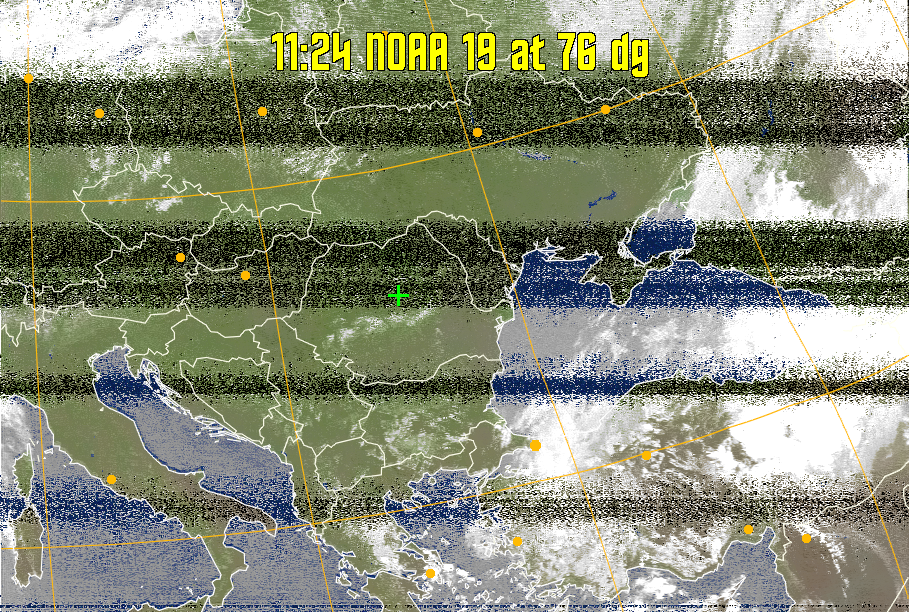 MCIR-precip: 
Colours the NOAA sensor 4 IR image using a map to colour the sea blue and land
green. High clouds appear white, lower clouds gray or land/sea coloured, clouds
generally appear lighter, but distinguishing between land/sea and low cloud may
be difficult. Darker colours indicate warmer regions.
