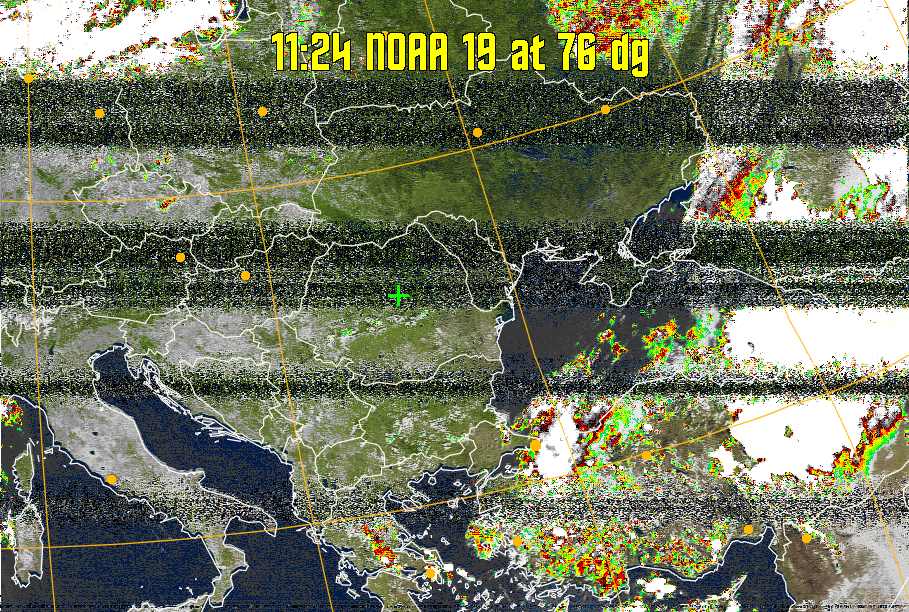 MSA-precip:
Same as MSA multispectral analysis, but high cold cloud tops are coloured the
same as the NO enhancement to give an approximate indication of the probability
and intensity of precipitation.