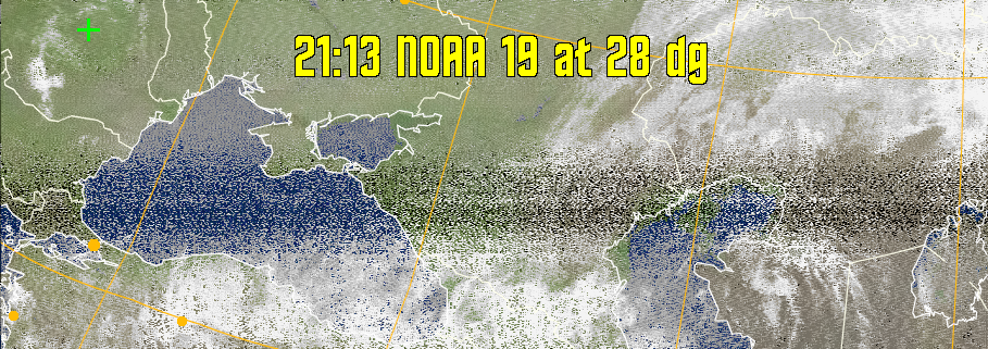 MCIR-precip: 
Colours the NOAA sensor 4 IR image using a map to colour the sea blue and land
green. High clouds appear white, lower clouds gray or land/sea coloured, clouds
generally appear lighter, but distinguishing between land/sea and low cloud may
be difficult. Darker colours indicate warmer regions.