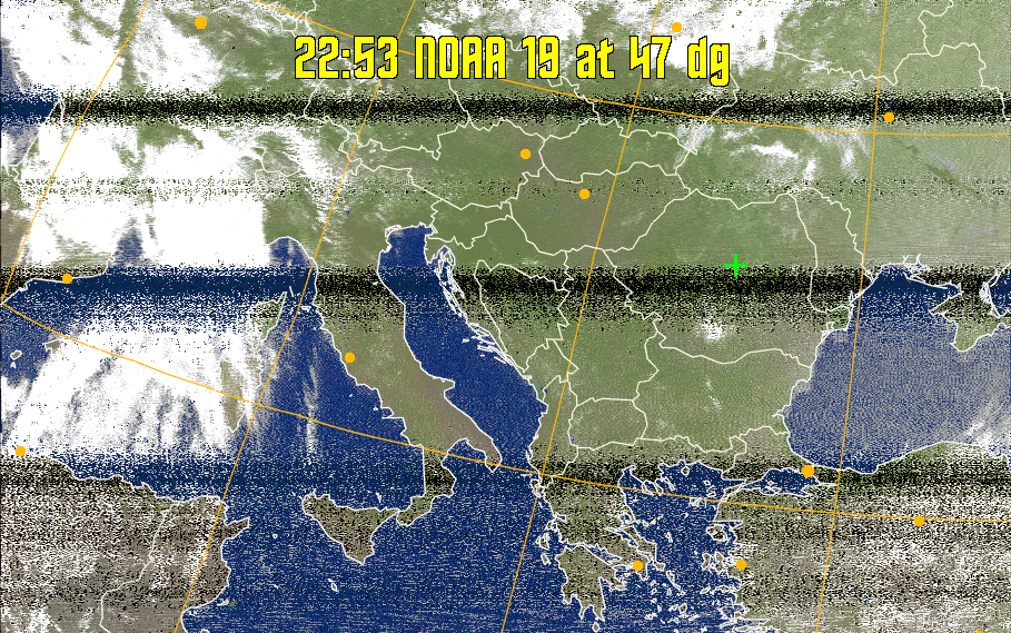 MCIR-precip: 
Colours the NOAA sensor 4 IR image using a map to colour the sea blue and land
green. High clouds appear white, lower clouds gray or land/sea coloured, clouds
generally appear lighter, but distinguishing between land/sea and low cloud may
be difficult. Darker colours indicate warmer regions.