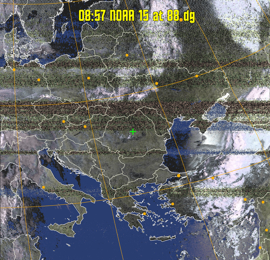 HVCT:
Similar to HVC, but with blue water and with colours more indicative of
land temperatures.
HVC:
Creates a false colour image from NOAA APT images based on temperature using
the HVC colour model. Uses the temperature derived from the sensor 4 image to
select the hue and the brightness from the histogram equalised other image to
select the value and chroma. The HVC colour model attempts to ensure that different colours at the same value will appear to the eye to be the same brightness
and the spacing between colours representing each degree will appear to the eye to
be similar. Bright areas are completely unsaturated in this model.